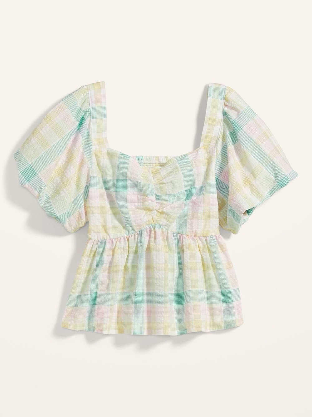 Old Navy Puff-Sleeve Smocked Seersucker Babydoll Swing Blouse Women’s Size M